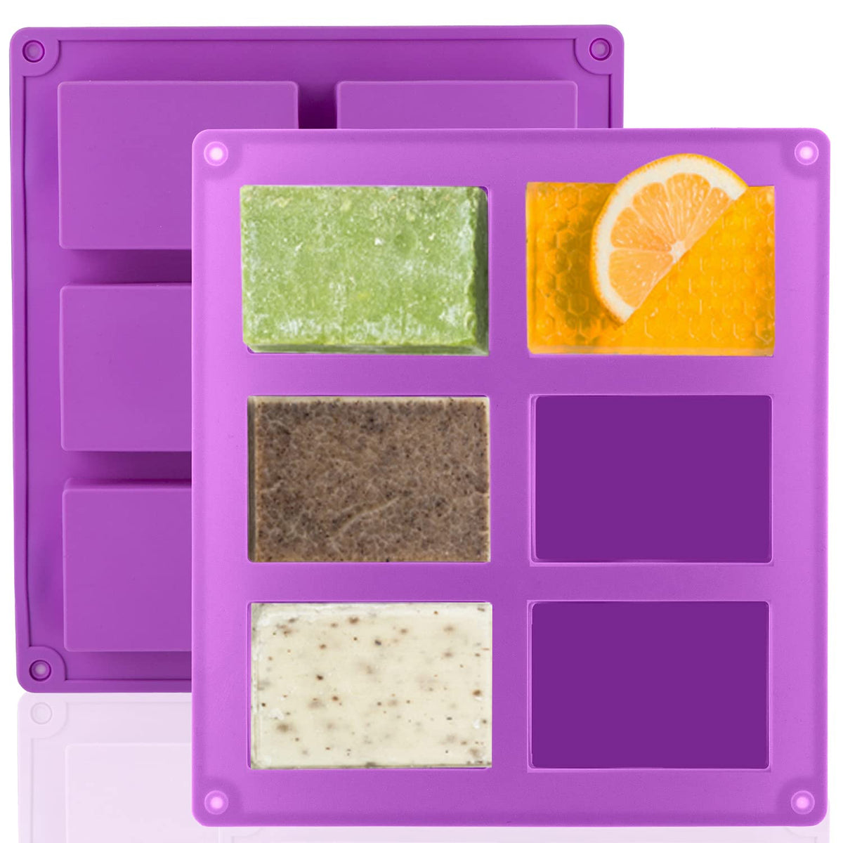 3 Pack Silicone Soap Molds, 6 Cavities Rectangle Silicone Mold, Great for Homemade Craft Soap Mold, Chocolate, Cake Molds ＆ Ice Cube Tray - Just Pop Out（Pink & Blue & Purple）