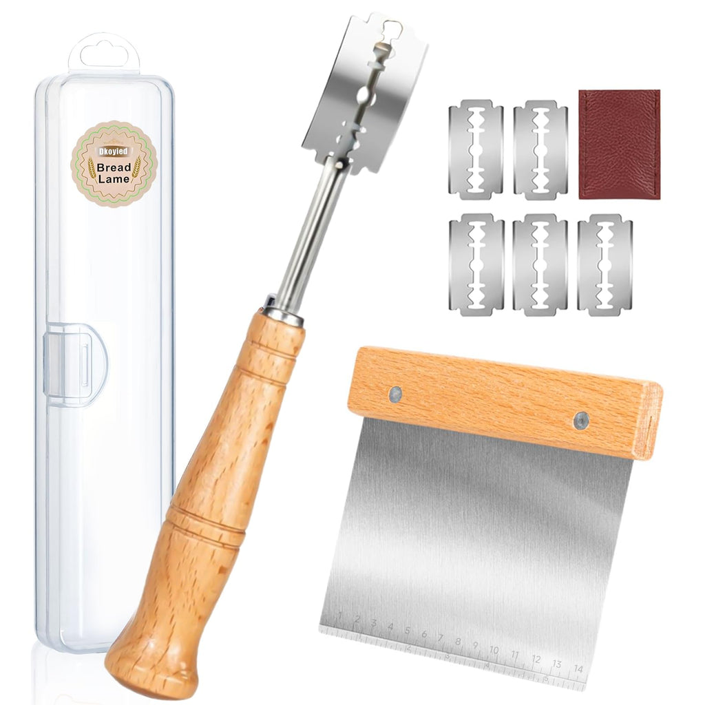 Hand Crafted Bread Lame Premium Sourdough Scoring Tool Bread Making Tools Set of 3 pieces Bread Knife(5 Blades) with Danish Dough Whisk and Dough Scraper Bread Cutter