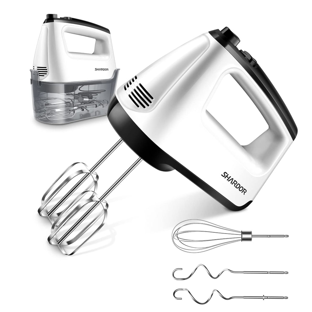 SHARDOR Hand Mixer Electric, 6 Speed & Turbo Mixer Electric Handheld, Snap-On Storage Case,5 Stainless Steel Accessories for Whipping, Mixing Cookies, Brownie, Cakes, Dough Batters, White