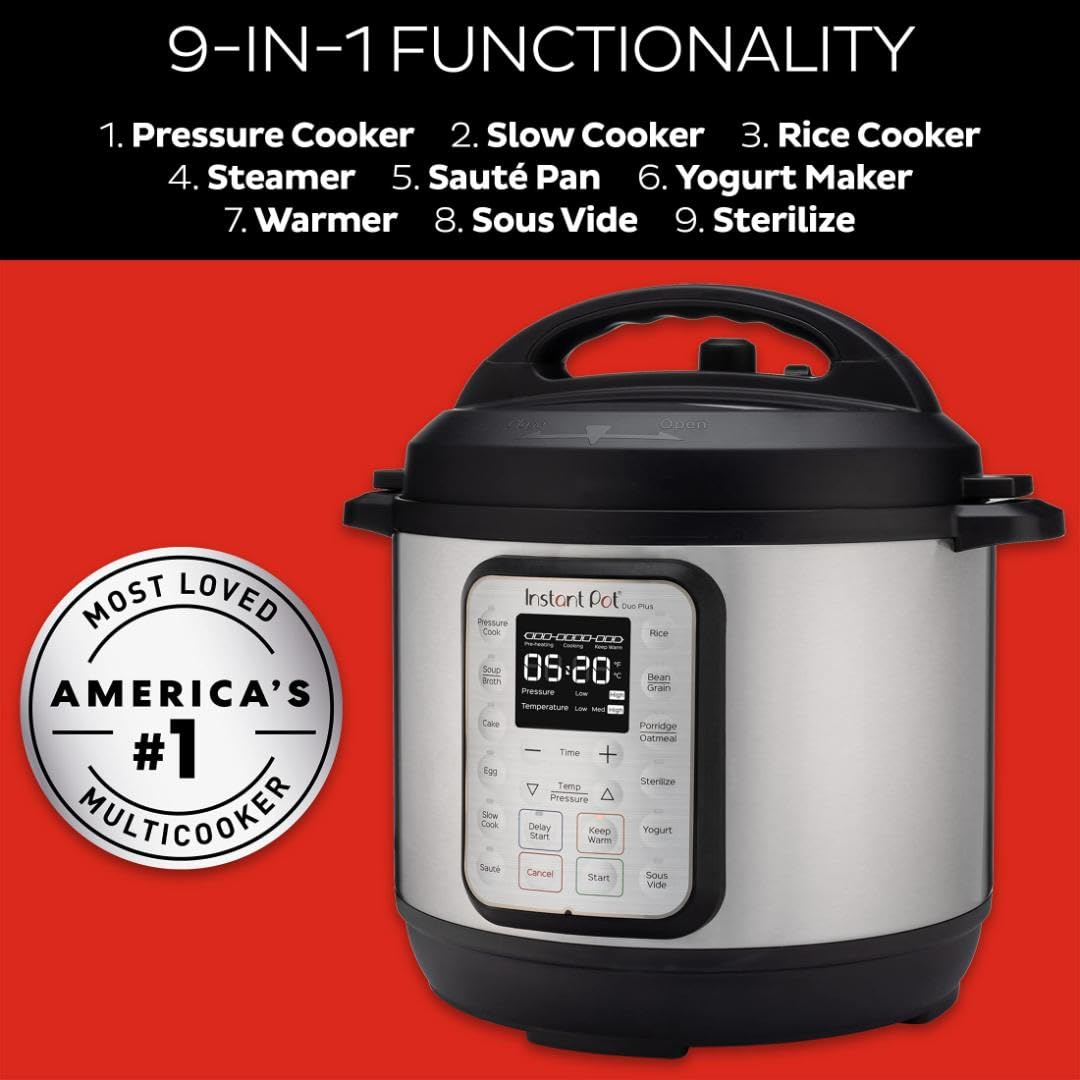 Instant Pot Duo Plus 9 w 1 elektryczny szybkowar, wolnowar, urządzenie do gotowania ryżu, parowar, urządzenie do smażenia, jogurtownica, podgrzewacz i sterylizator, zawiera aplikację z ponad 800 przepisami, stal nierdzewna, 6 litrów