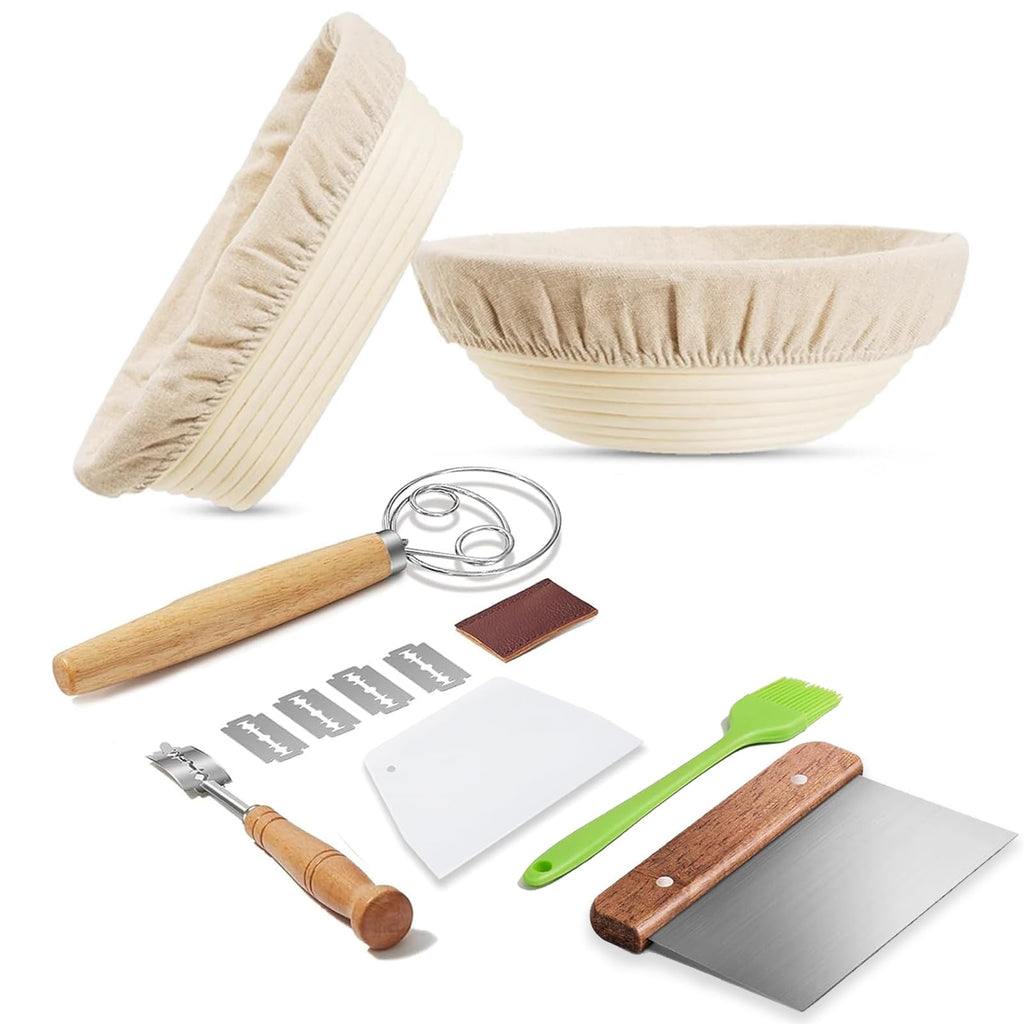 Banneton Bread Proofing Basket - 10 inch Banneton Basket Sourdough Proofing Baskets Set of 2 Oval Proofing Bowls with Liners for Professional & Home Artisan Sourdough Bread Baking Supplies