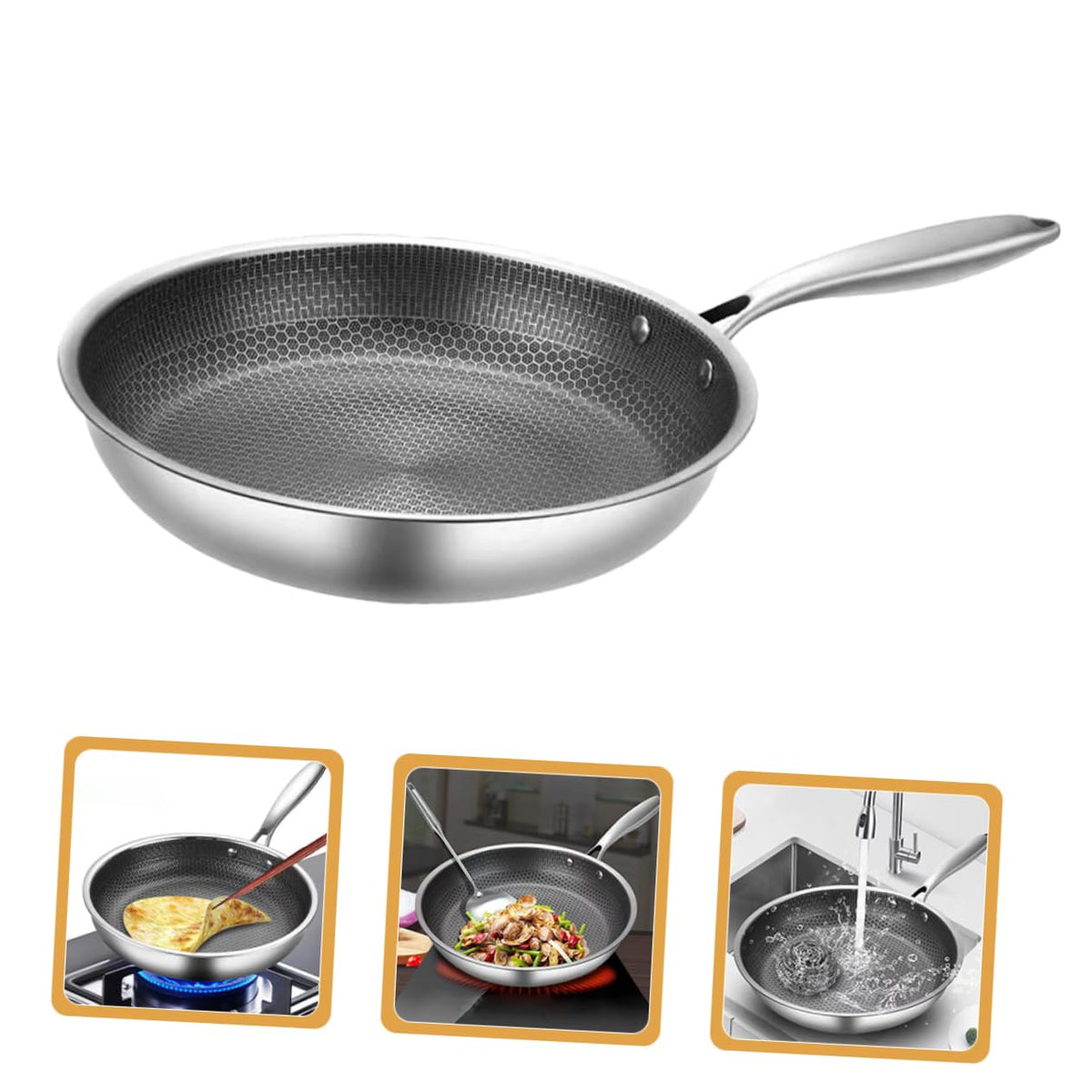 PRETYZOOM Omelet Pan Chinese Wok Stovetop Pot Frying Strainer Oven Fryer Flat Bottom Pans Schfer Noodles Cooker Large Honeycomb Wok Non Griddle Wok for Electric Stove Silver Stainless Steel