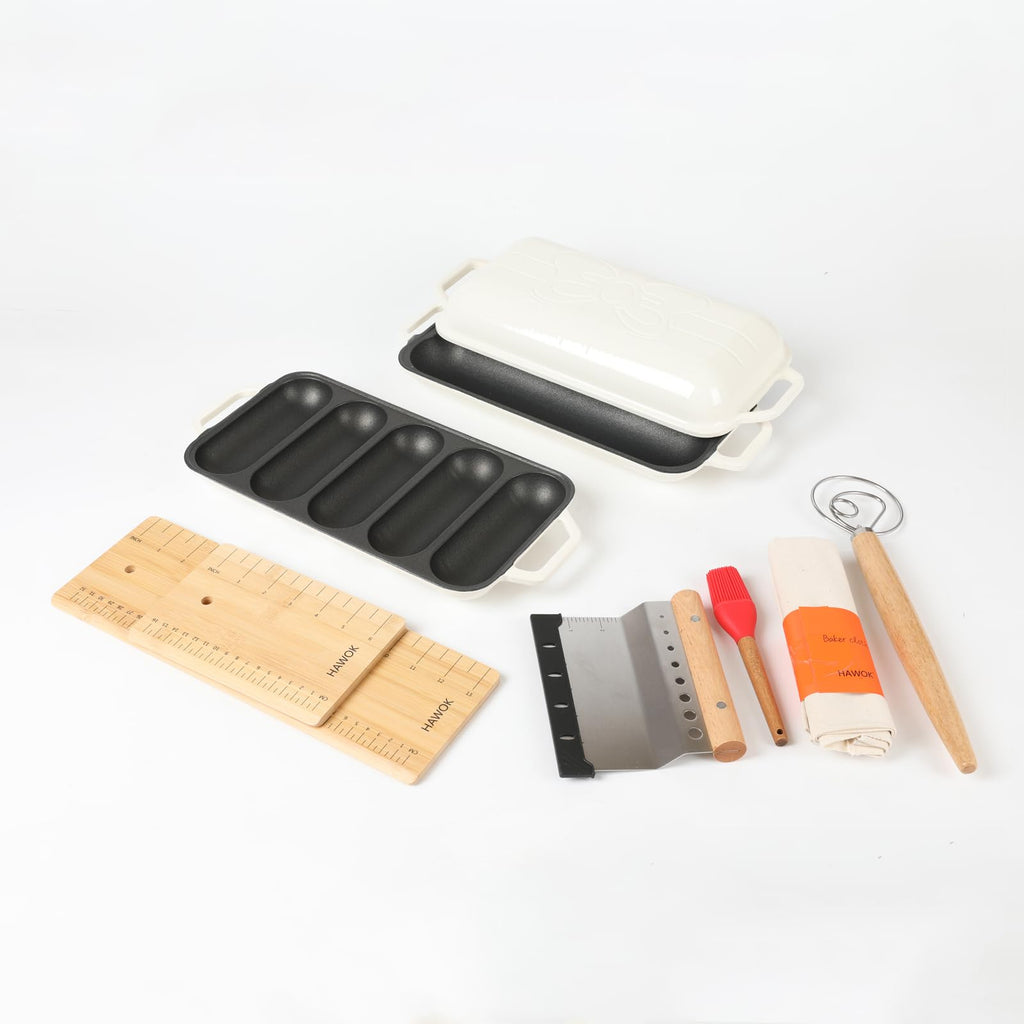 HAWOK Enameled Cast Iron French Baguette Baker, Hot Dog Bake Tray, Baguette Pan with Handles and Lid, Navy Blue