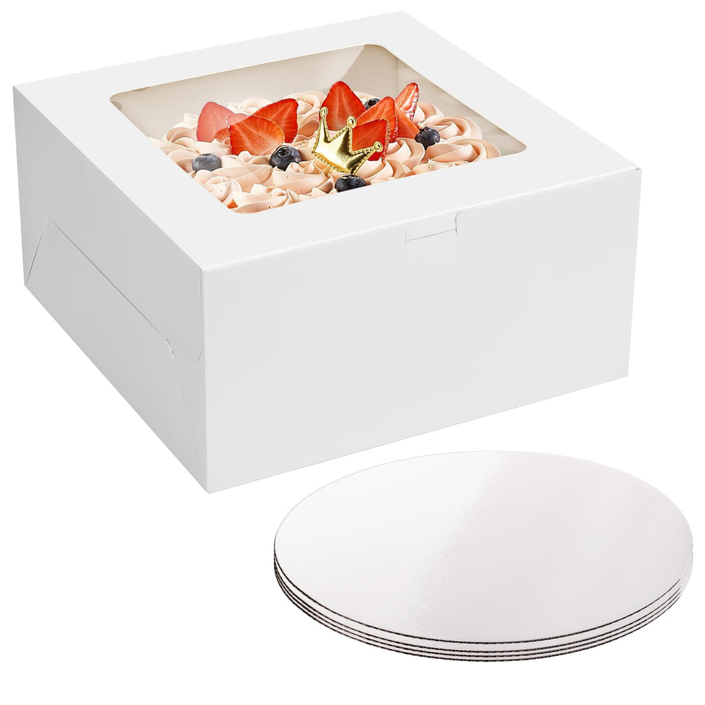 4 Pack Cake Boxes 10 Inch, Disposable Cake Transport Container, White Bakery Boxes with Large Window, for Cookies Pies Cupcakes Pastry (10×10×5 Inches)
