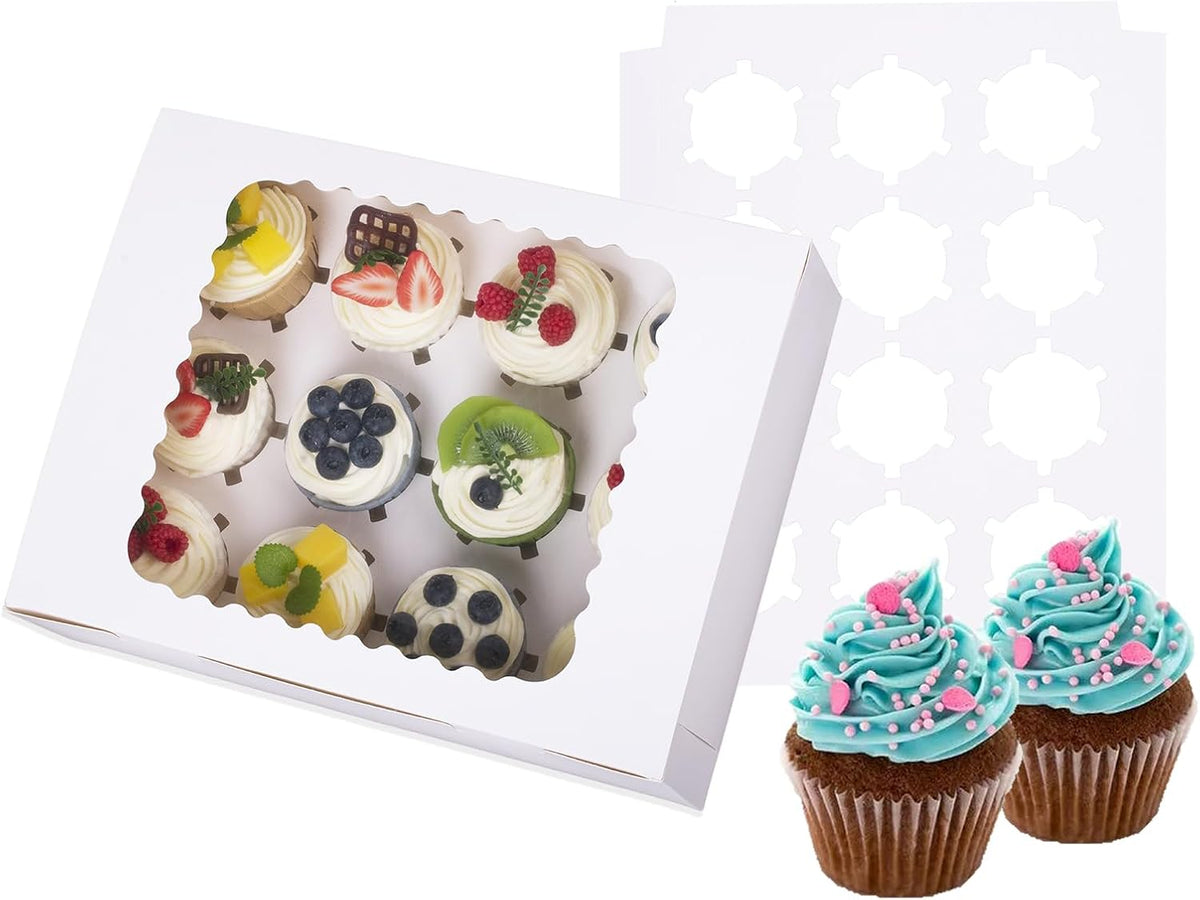6-Set Cupcake Boxes Hold 12 Standard Cupcakes, Food Grade Cupcake Holders Bakery Carrier Boxes with Windows and Inserts for Cupcakes, Muffins and Pastries (White-6 Pack)