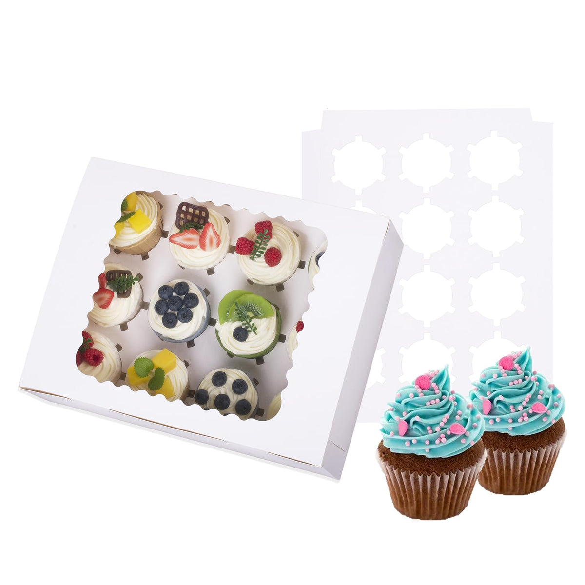 6-Set Cupcake Boxes Hold 12 Standard Cupcakes, Food Grade Cupcake Holders Bakery Carrier Boxes with Windows and Inserts for Cupcakes, Muffins and Pastries (White-6 Pack)