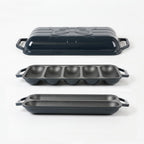 HAWOK Enameled Cast Iron French Baguette Baker, Hot Dog Bake Tray, Baguette Pan with Handles and Lid, Navy Blue