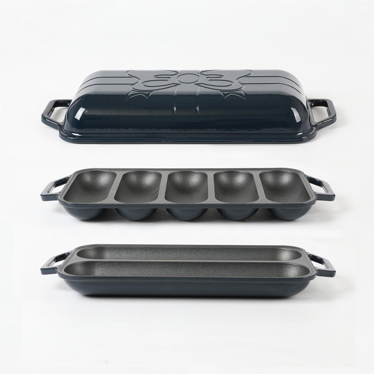 HAWOK Enameled Cast Iron French Baguette Baker, Hot Dog Bake Tray, Baguette Pan with Handles and Lid, Navy Blue