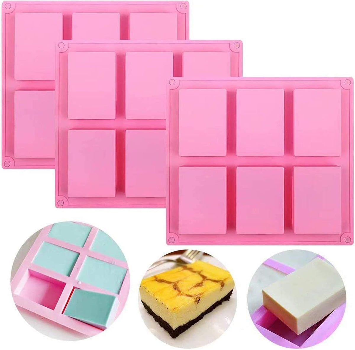 Set of 3, 6 Cavities DIY Handmade Soap Moulds - Cake Pan Molds for Baking, Biscuit Chocolate Mold, Silicone Soap Bar Mold for Homemade Craft, Ice Cube Tray, Pink