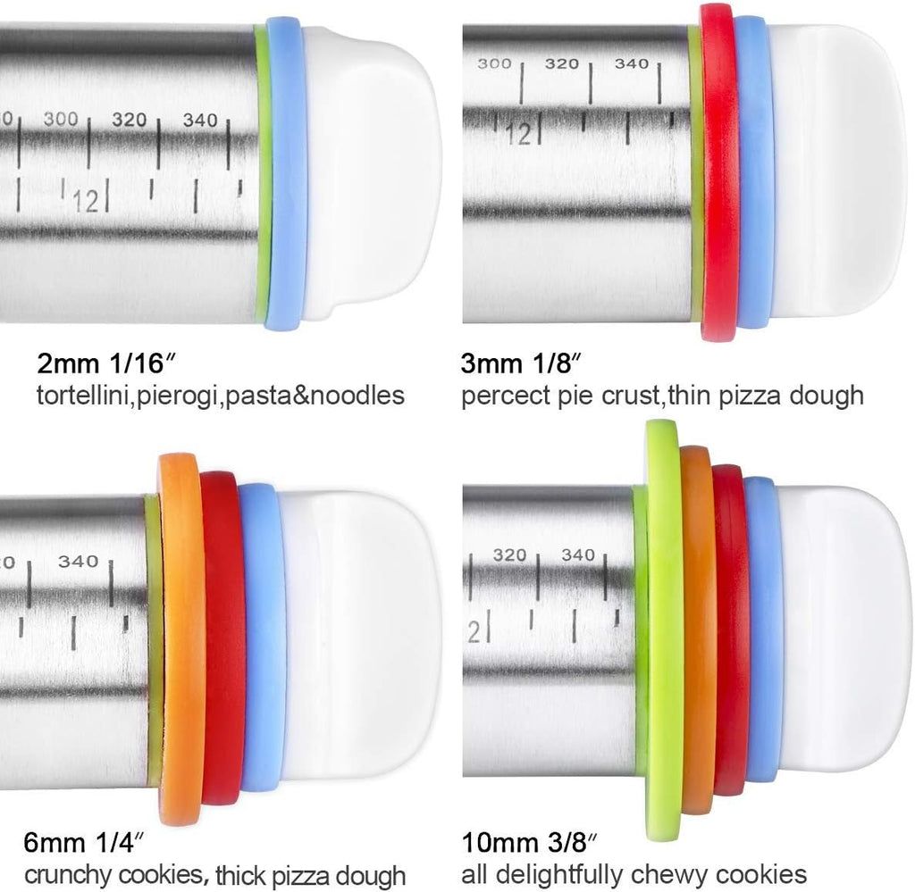 Rolling Pin and Pastry Baking Mat Set, Rolling Pins with Adjustable Thickness Rings, Stainless Steel Dough Roller for Baking Fondant, Pizza, Pie, Pastry, Pasta, Cookies (Red Mat)