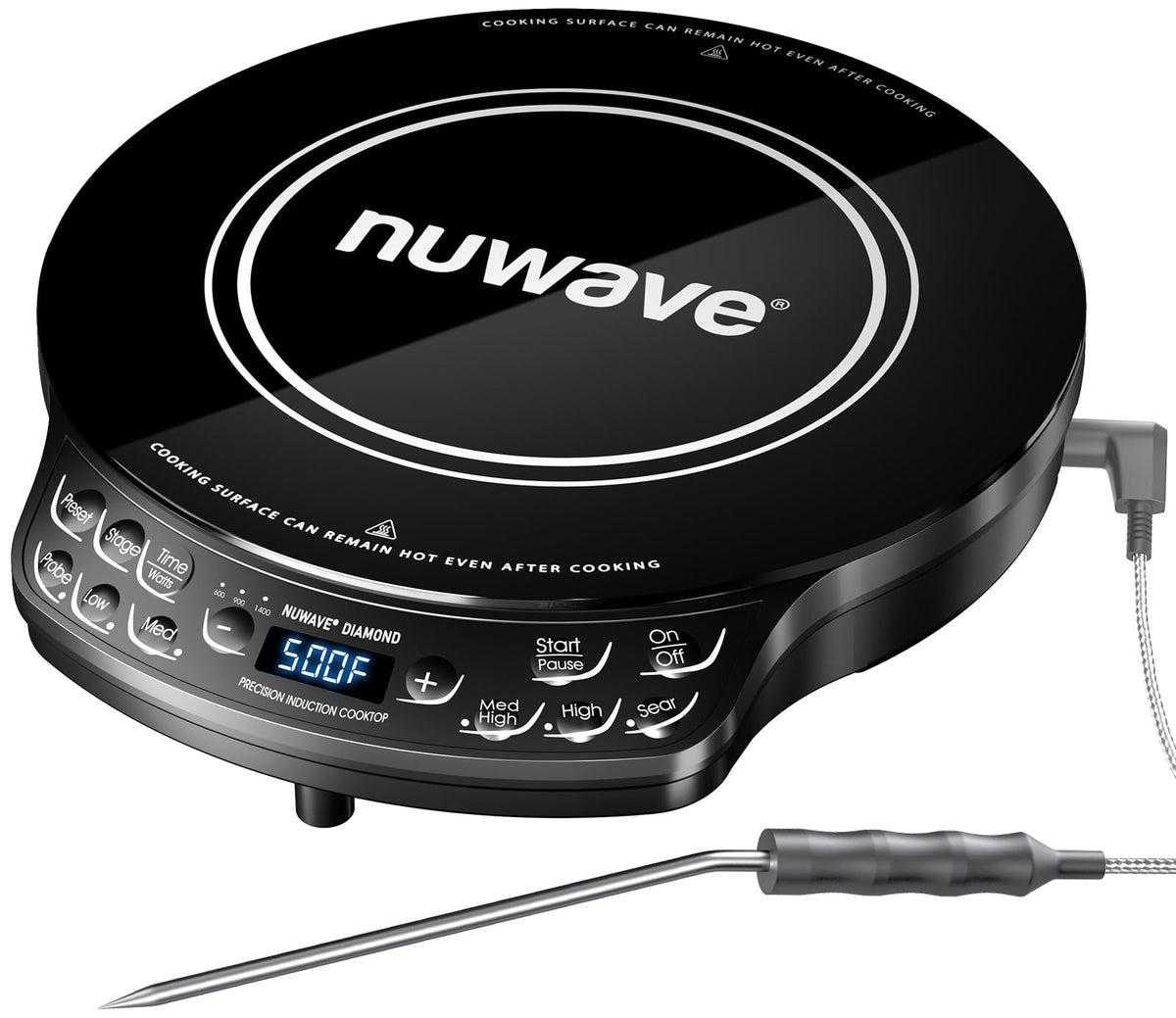 Nuwave przenośna kuchenka indukcyjna Diamond z sondą, zaawansowany palnik blatowy, 91 temperatur od 50°F do 500°F, 12-calowe szkło ceramiczne odporne na stłuczenie i 6,5-calowa cewka grzewcza, idealna do kempingu w kamperze, małego mieszkania, podróży