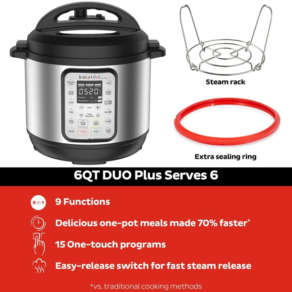 Instant Pot Duo Plus 9 w 1 elektryczny szybkowar, wolnowar, urządzenie do gotowania ryżu, parowar, urządzenie do smażenia, jogurtownica, podgrzewacz i sterylizator, zawiera aplikację z ponad 800 przepisami, stal nierdzewna, 6 litrów
