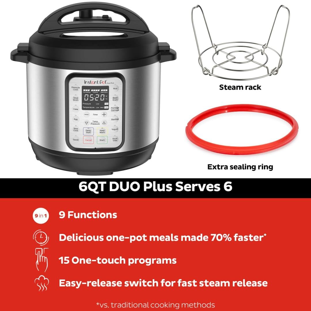 Instant Pot Duo Plus 9 w 1 elektryczny szybkowar, wolnowar, urządzenie do gotowania ryżu, parowar, urządzenie do smażenia, jogurtownica, podgrzewacz i sterylizator, zawiera aplikację z ponad 800 przepisami, stal nierdzewna, 6 litrów