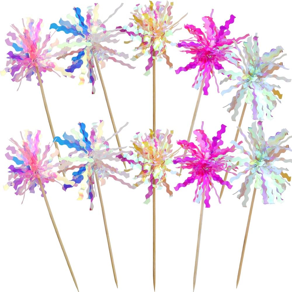 10 Pcs Happy Birthday Cake Toppers Foil Firework Cupcake Toppers Sparkle Tinsel Drink Stirrers Flowers Cake Decoration Cocktail Food Fruit Toothpick for Cake Decoration Party Supplies