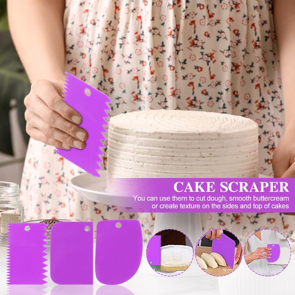 JIANWEI Adjustable Cake Leveler and Scraper Set, 4pcs Decorating Kit, Large Size Slicer, Decorating Comb, Pastry Cutter for Mousse Butter Cream (Purple)