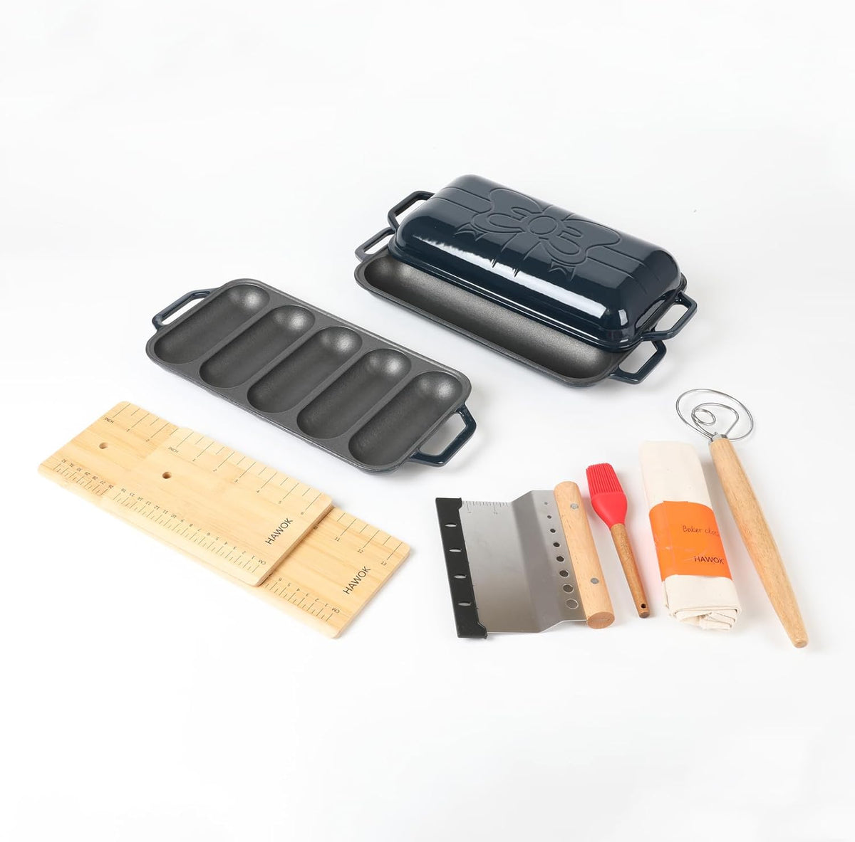 HAWOK Enameled Cast Iron French Baguette Baker, Hot Dog Bake Tray, Baguette Pan with Handles and Lid, Navy Blue