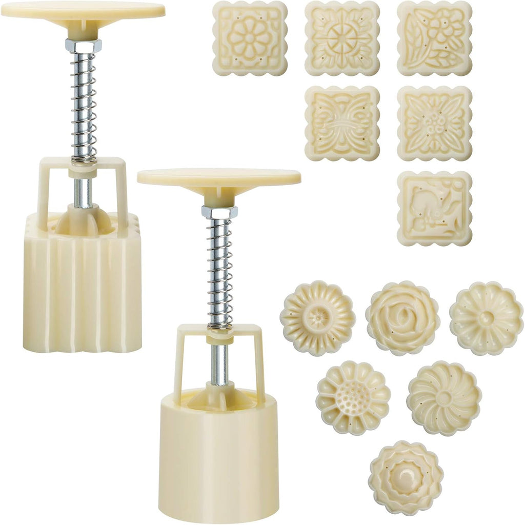 Luxiv Moon Cake Mould 50g, 12 PCS Pattern Hand-Pressure Mooncake Molds for Mid-Autumn DIY Pastry Tool 2 Sets with 6pcs Round Flower Mooncake Mode and 6 Pcs Square Pattern Mooncake Mould (White, 50g)