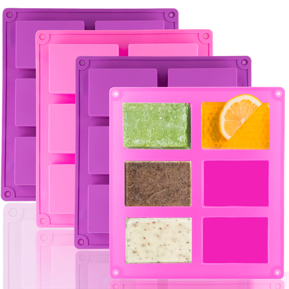 3 Pack Silicone Soap Molds, 6 Cavities Rectangle Silicone Mold, Great for Homemade Craft Soap Mold, Chocolate, Cake Molds ＆ Ice Cube Tray - Just Pop Out（Pink & Blue & Purple）