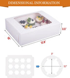 6-Set Cupcake Boxes Hold 12 Standard Cupcakes, Food Grade Cupcake Holders Bakery Carrier Boxes with Windows and Inserts for Cupcakes, Muffins and Pastries (White-6 Pack)