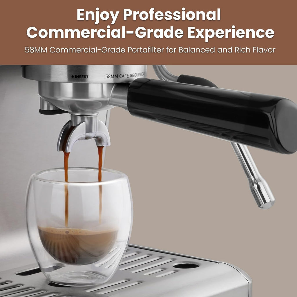 Ekspres do kawy Gevi EzBru 1000, ekspres do kawy Barista z regulowaną temperaturą i objętością napoju, stalowy ekspres do cappuccino ze spieniaczem do mleka, ekspres do kawy ekspresowej dla miłośników kawy