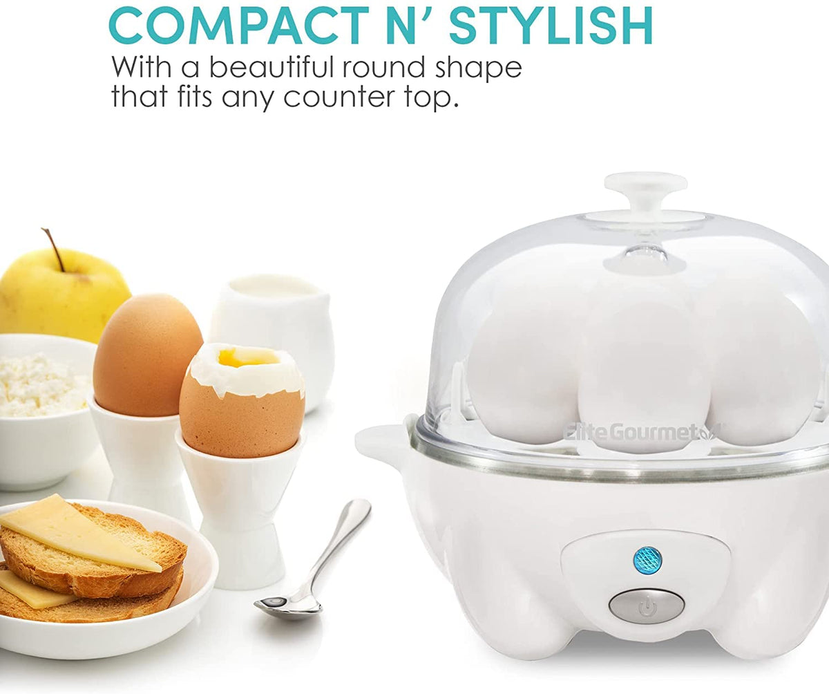 Elite Gourmet EGC-007## Швидковарна яєчня, 7 легко очищуваних, зварених твердих, середніх та некрутих яєць, браконьер, омлетниця, автоматичне вимкнення, сигналізація, буклет із 16 рецептами, білий колір