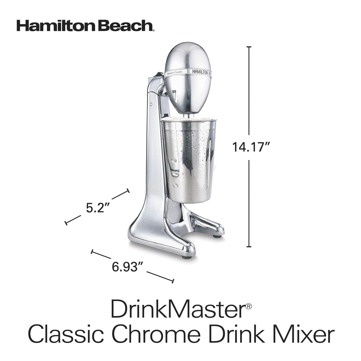 Hamilton Beach DrinkMaster Electric Drink Mixer, Retro Milkshake Maker & Milk Frother, 2 Speeds, Extra-Large 28 oz. Stainless Steel Cup, Classic Chrome