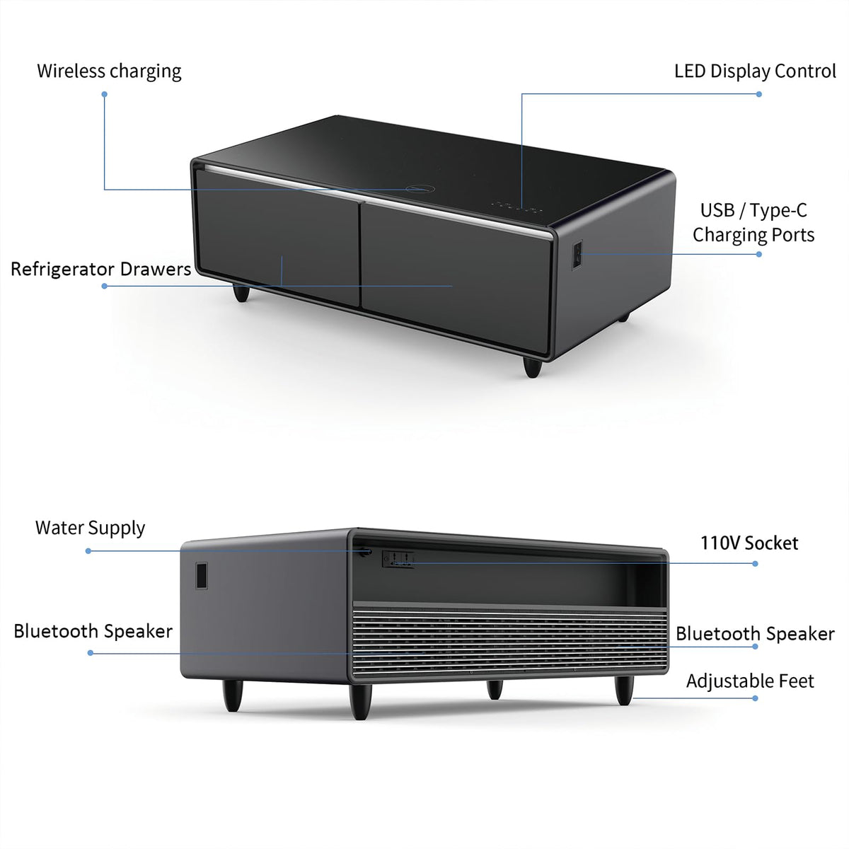ACCOER 51in Smart Coffee Table with Built in Fridge, Living Room Table Bluetooth Sound and Wireless Charging, Type-C & USB Interface, Temperature Control, Modern Center Table with LED
