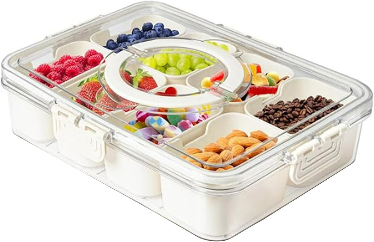 Plastic Divided Serving Tray with Lid and Handle Snack Box Charcuterie Container Portable Snack Platters Organizer for Candy, Fruits, Snacks, Nuts, for Party, Entertaining (White 8 compartments)