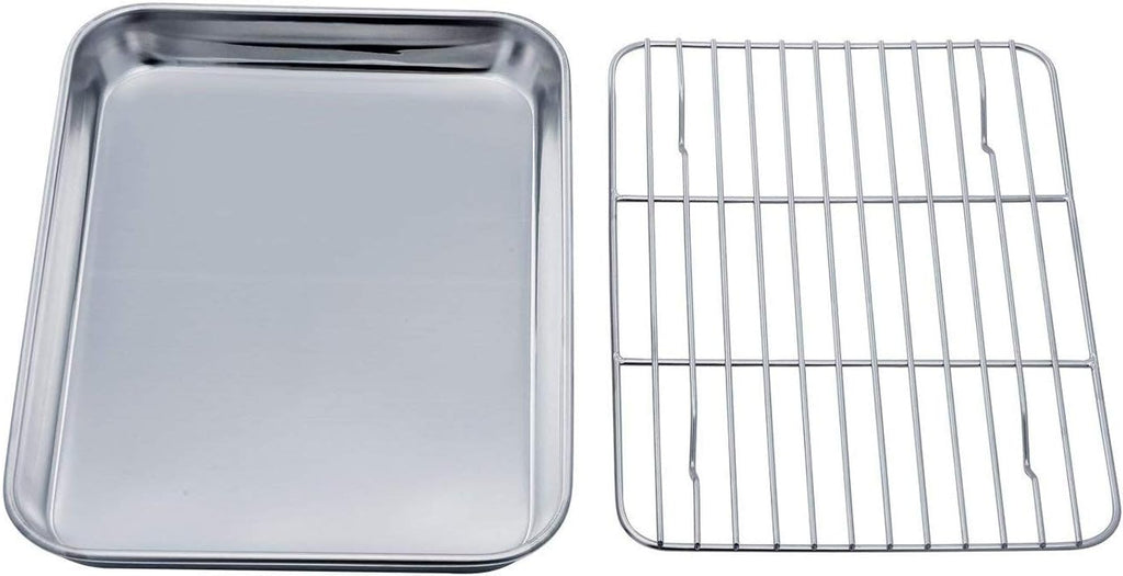 TeamFar Toaster Oven Tray and Rack Set, 9.3’’ x 7’’ x 1’’, Stainless Steel Toaster Oven Pan Broiler Pan, Non Toxic & Healthy, Easy Clean & Dishwasher Safe