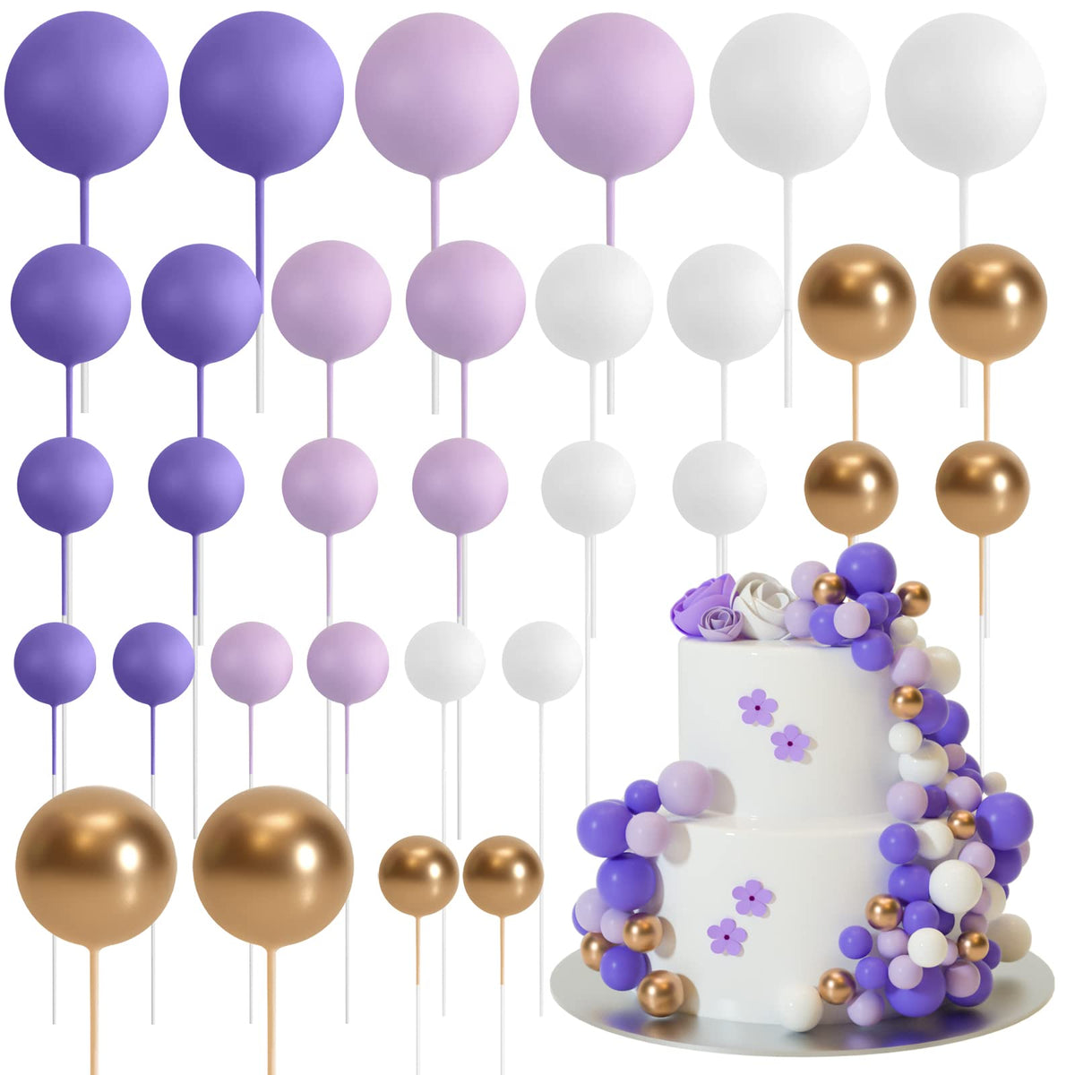 ASTARON 32 Pcs Ball Cake Topper Decorations Mini Balloons Cake Topper Sticks Foam Balls Cake Picks Cake Topper Balls Cake Decorations for Wedding Party Birthday Cake Decorating (Green Brown Gold)