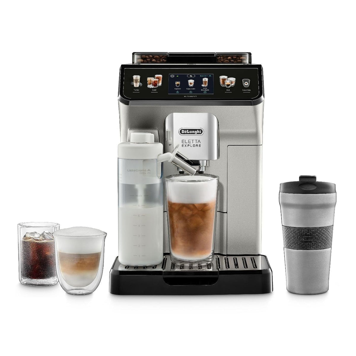Ekspres do kawy De'Longhi Eletta Explore z funkcją Cold Brew, automatycznym spieniaczem do mleka na gorąco i na zimno, umożliwiającym przygotowanie ponad 50 przepisów za jednym dotknięciem, wbudowanym młynkiem, ECAM45086S