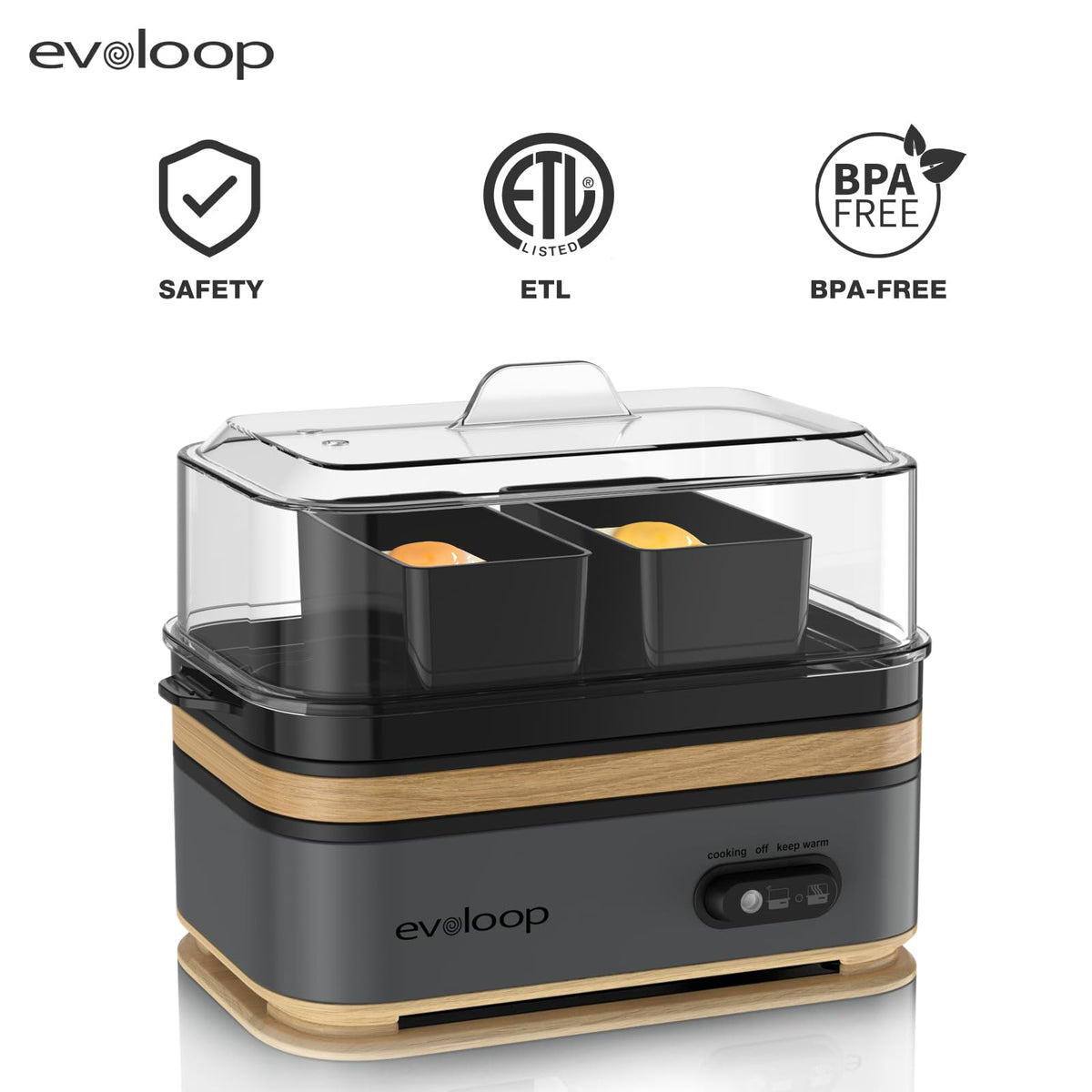 Електрична яєчня Evoloop Rapid, місткість 6 яєць, м'які, середні, круто зварені, поачер, омлетна машина з автоматичним вимкненням, без BPA