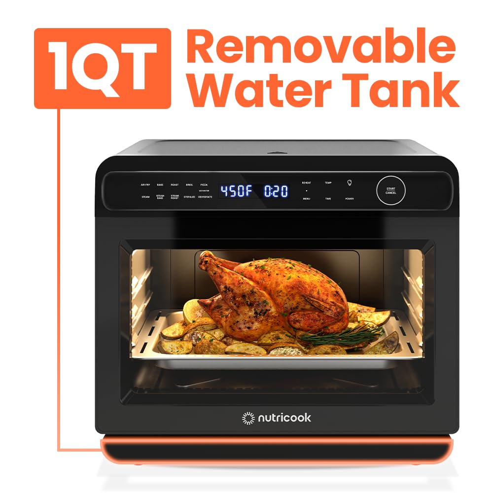 Аерофритюрниця Nutricook Steami 11-в-1 з конвекцією, 25QT, настільна духовка для випікання, смаження, приготування на пару, сушіння, піци - конвекційна піч з аксесуарами для здорового приготування їжі з нержавіючої сталі
