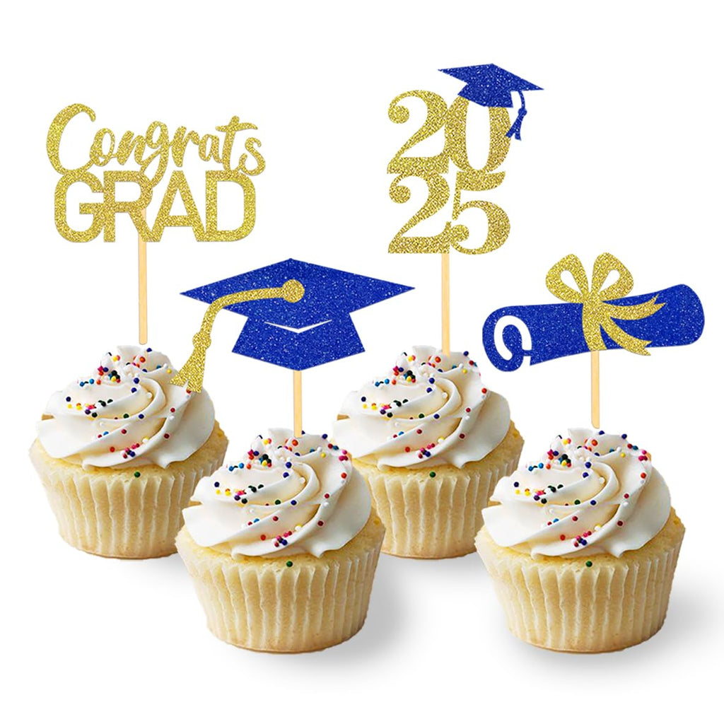 24Pcs Graduation Cupcake Toppers, Graduation Cupcake Picks for Cupcake Food Decorations - Class of 2025 Cupcake Toppers Supplies (Blue)