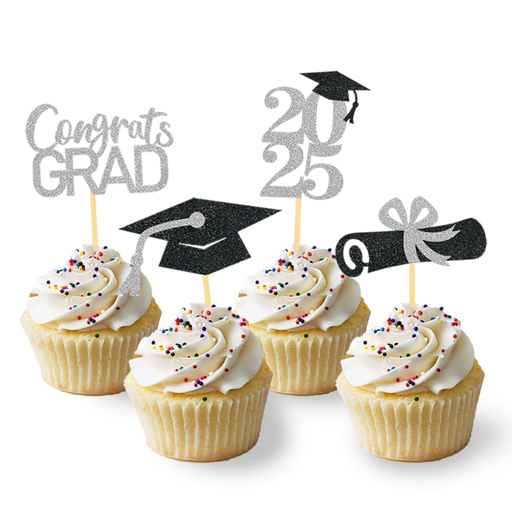 24Pcs Graduation Cupcake Toppers, Graduation Cupcake Picks for Cupcake Food Decorations - Class of 2025 Cupcake Toppers Supplies (Blue)