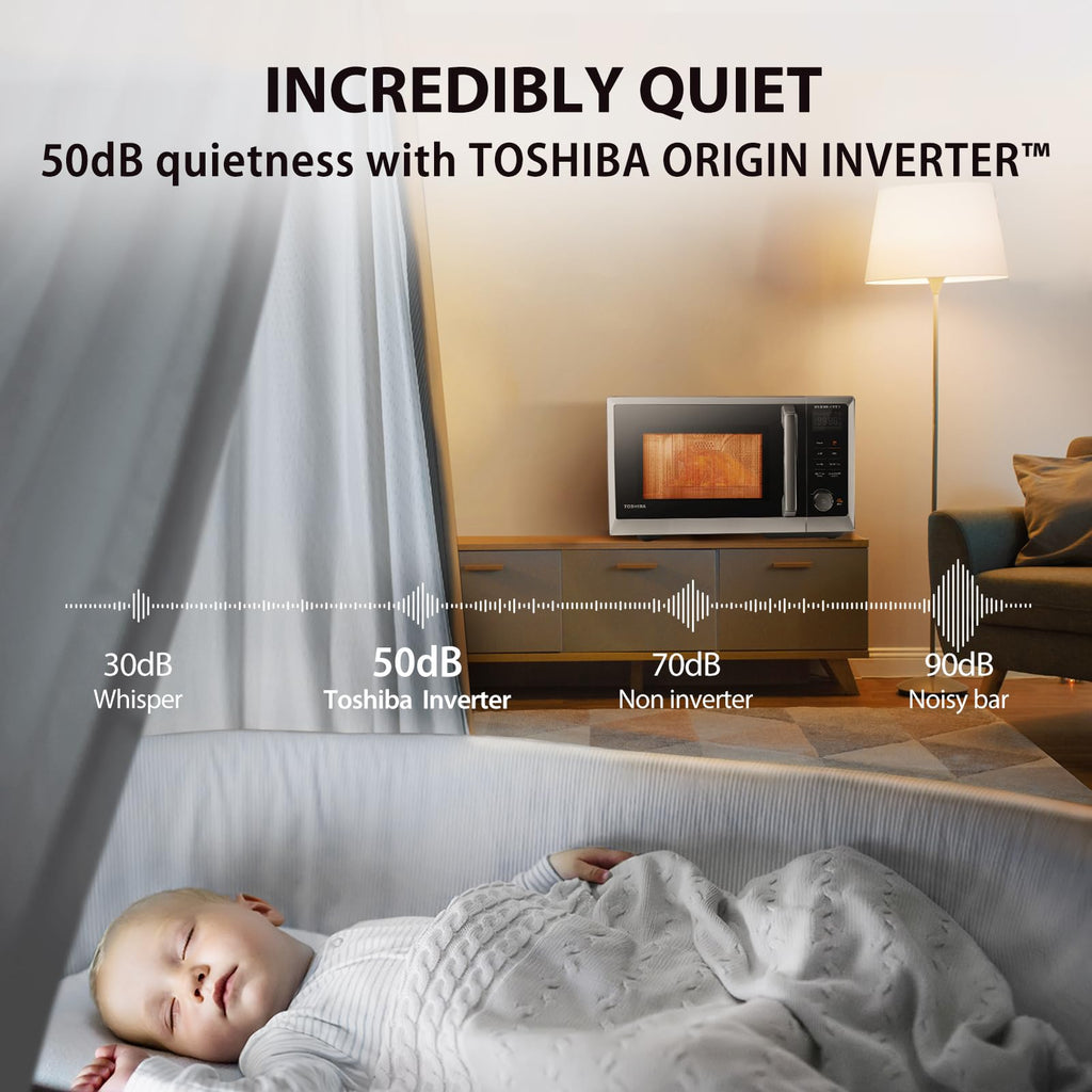 Інверторна настільна мікрохвильова піч TOSHIBA 6-в-1, комбінована з аерофритюрницею, серія MASTER, аерофритюрниця, гриль, конвекція, швидке комбінування, рівномірне розморожування, увімкнення/вимкнення звуку, 27 автоматичних меню, нержавіюча сталь