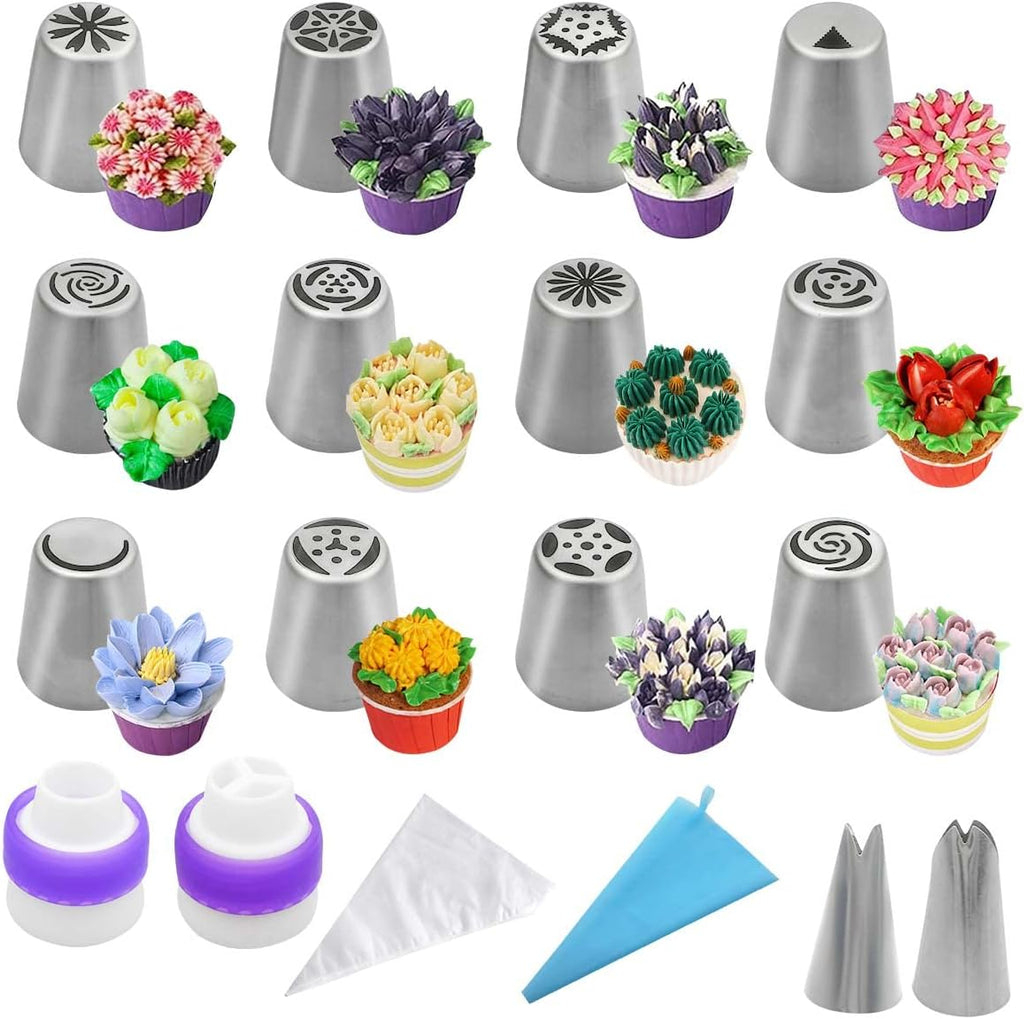 Russian Flower Piping Tips Set - 47 Pcs Cake & Cupcake Decorating Kit - 12 Icing Nozzles, 2 Leaf Tips, 30 Pastry Bags, 1 EVA Bag, 2 Couplers