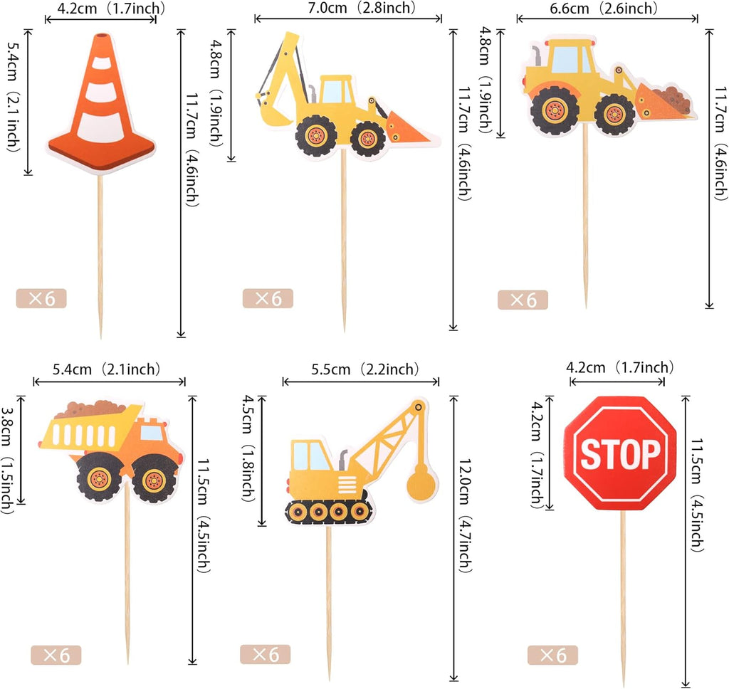 36 PCS Construction Cupcake Toppers Stop Sign Dump Truck Excavator Tractor Party Cake Food Picks Decorations for Construction Theme Baby Shower Kids Birthday Party Supplies