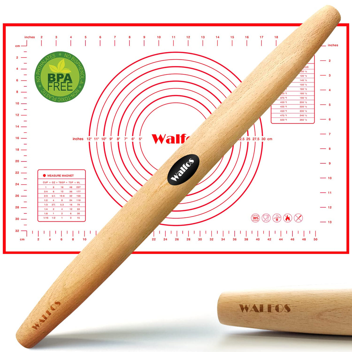 Walfos Marble Rolling Pin With Wooden Handles & Wood Cradle, 16.5 Inch Marble Rolling Pins For Making Pizza Dough And Tortillas, Dough Roller For Pie Crust, Cookie, Pasta (Gray & White)