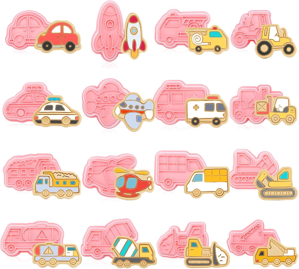 16 PCS Transportation Vehicle Cookie Cutters with Plunger Stamper, Car Cookie Mould Set, Transportation Theme Set Embossing Dies, Construction Vehicles Cookie Cutters Set for Fondant Cookies