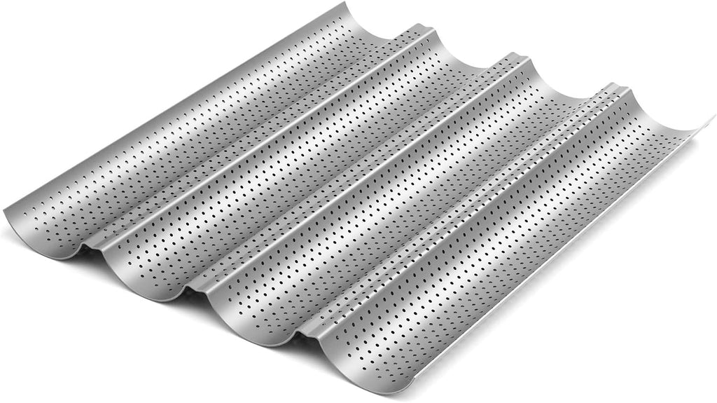 2 Pack Nonstick Perforated Baguette Pan 15" x 13" for French Bread Baking 4 Wave Loaves Loaf Bake Mold Oven Toaster Pan (Silver)