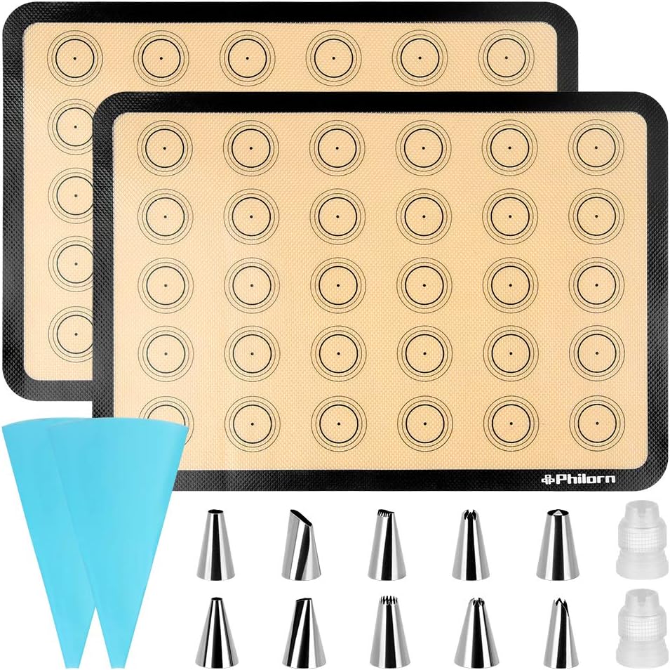 Philorn Silicone Baking Mat Set, 16.5" x 11.42" Macaron Mat, Non-Stick With Tools, 2 Pack Food Safe, Reusable for Oven, Cookie, Bread