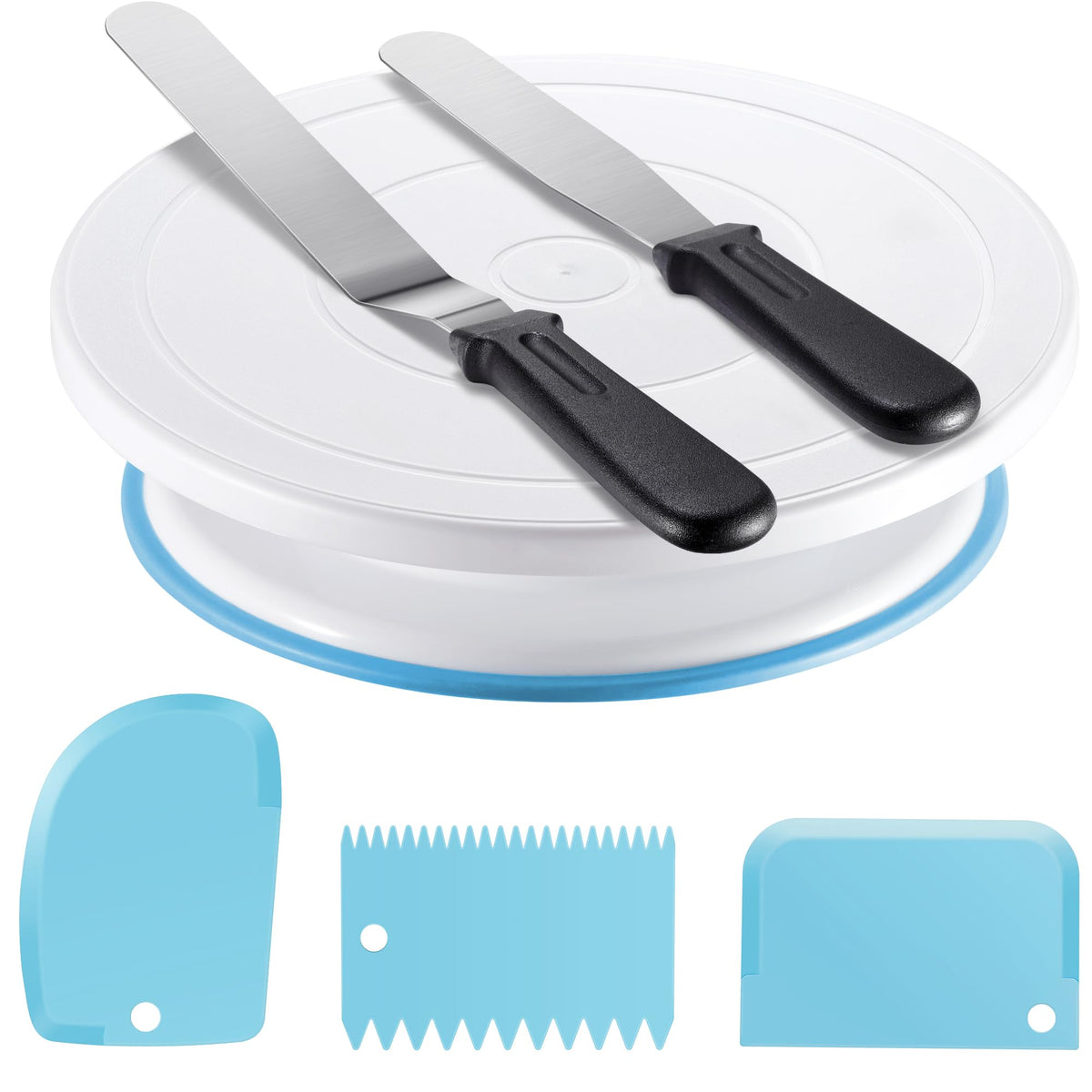 Kootek Cake Decorating Kit Baking Supplies Cake Turntable with 2 Frosting Straight Angled Spatula 3 Icing Smoother Scrapers Baking Accessories Tools for Beginners and Pros, White