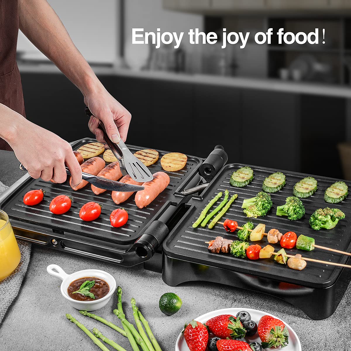 OSTBA Panini Press Grill Indoor Sandwich Maker with Temperature Setting, 4 Slice Large Non-stick Versatile Grill, Opens 180 Degrees to Fit Any Type or Size of Food, Removable Drip Tray, 1200 W