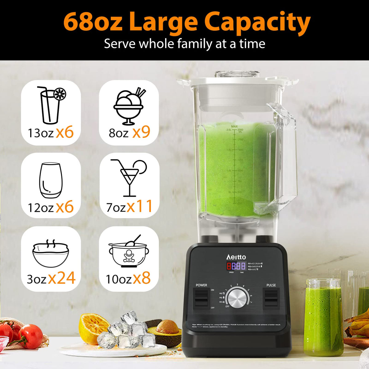 Aeitto Blender, Blenders for Kitchen with 1500-Watt Motor, 68 Oz Large Capacity, Countertop Professional Blenders for Ice Crush, Frozen Drinks, Black