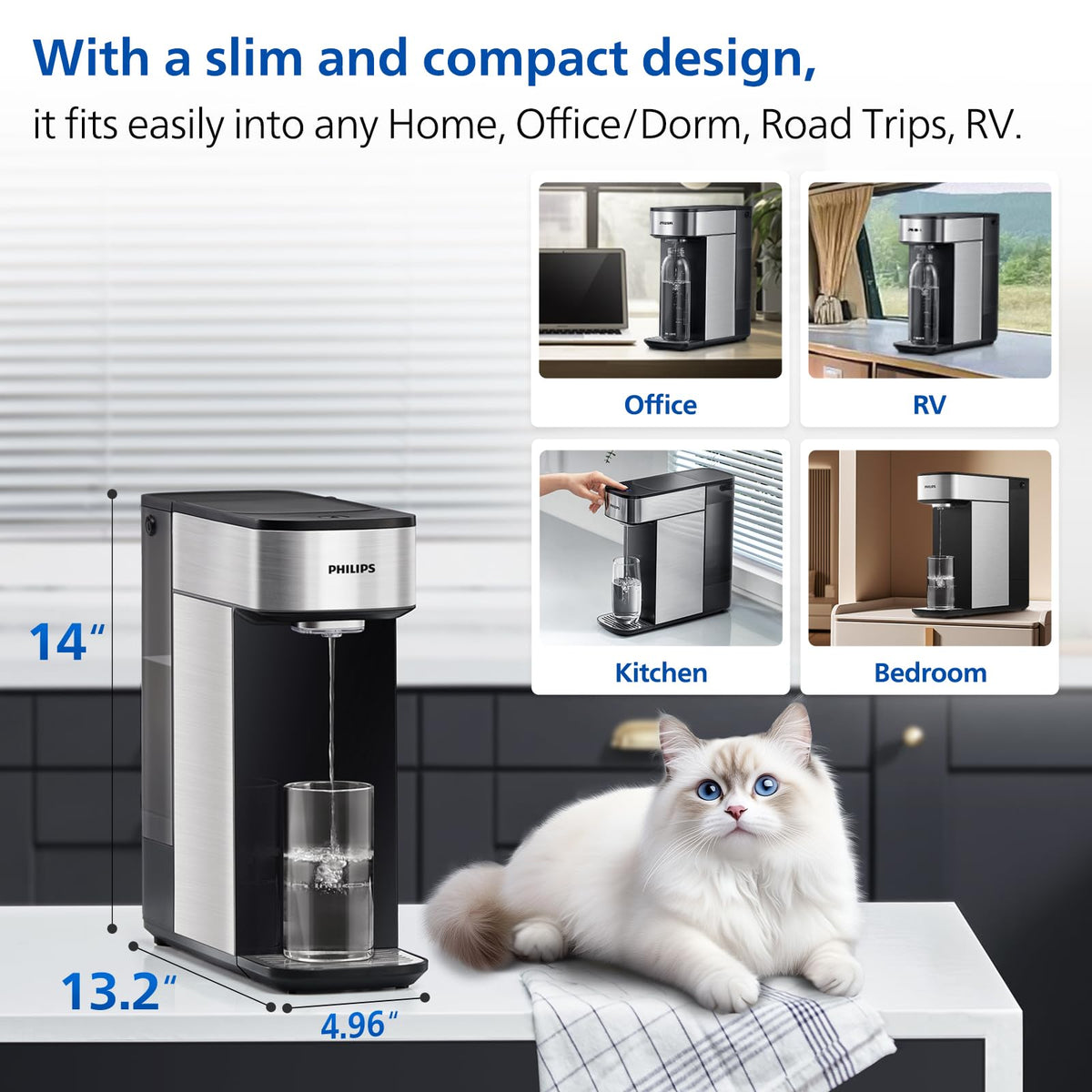 PHILIPS Countertop Reverse Osmosis Water Filter Dispenser, 5 Stages RO Water Filtration System Purifier with Aquaporin Technology Tested by NASA, 3:1 Pure to Drain, NSF/ANSI 372 Certified, Reduce TDS