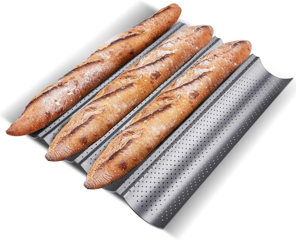 KITESSENSU Nonstick Baguette Pans for French Bread Baking, Perforated 4 Loaves Baguettes Bakery Tray, 15" x 13", Silver