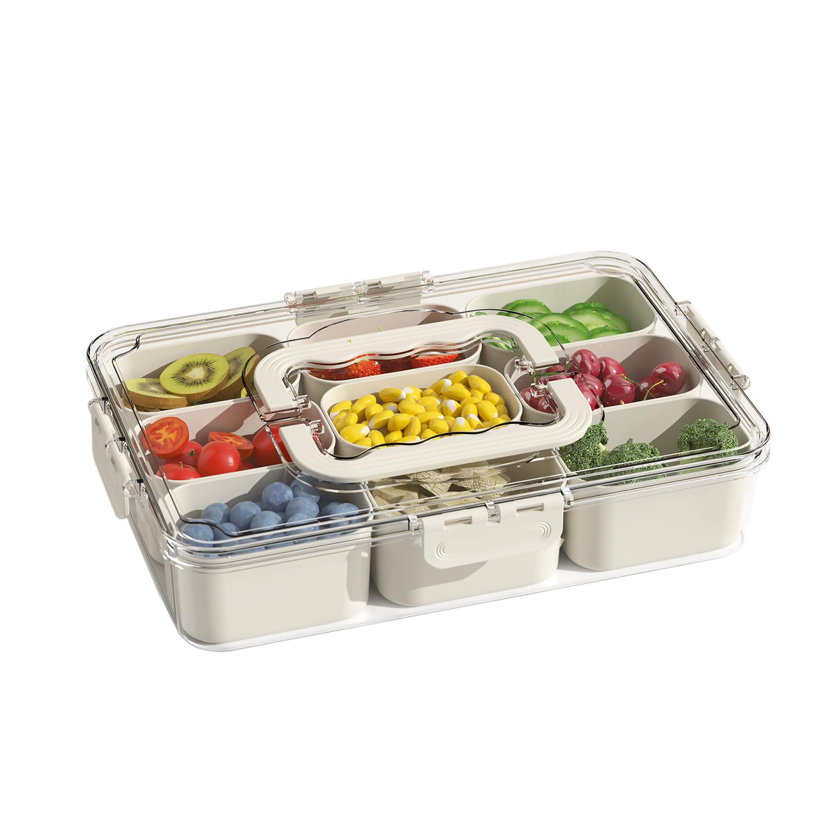 Divided Serving Tray with Lid and Handle, Stackable Snackle Box Container for Fruits Candy Organizer, Portable Spinning Rounded Veggie Tray for Kitchen, Party, Trave and Picnic-1 Pack