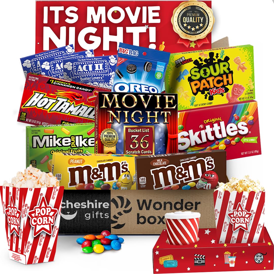 Movie Night Basket Gift Set – with Candy Variety Pack, Movie Trays, Movie, Movie Snacks & Popcorn Gift Set – Gift Baskets For Families by Cheshire Gifts