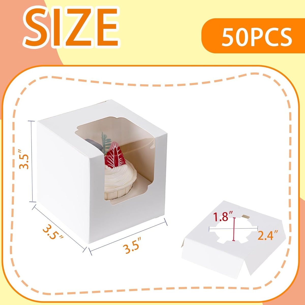 BOOMIBOO 50 Pack Individual Cupcake Containers, Cupcake Boxes with Window, Food Grade Cupcake Holders with Inserts, Stackable Deep Cupcake Carrier (White)